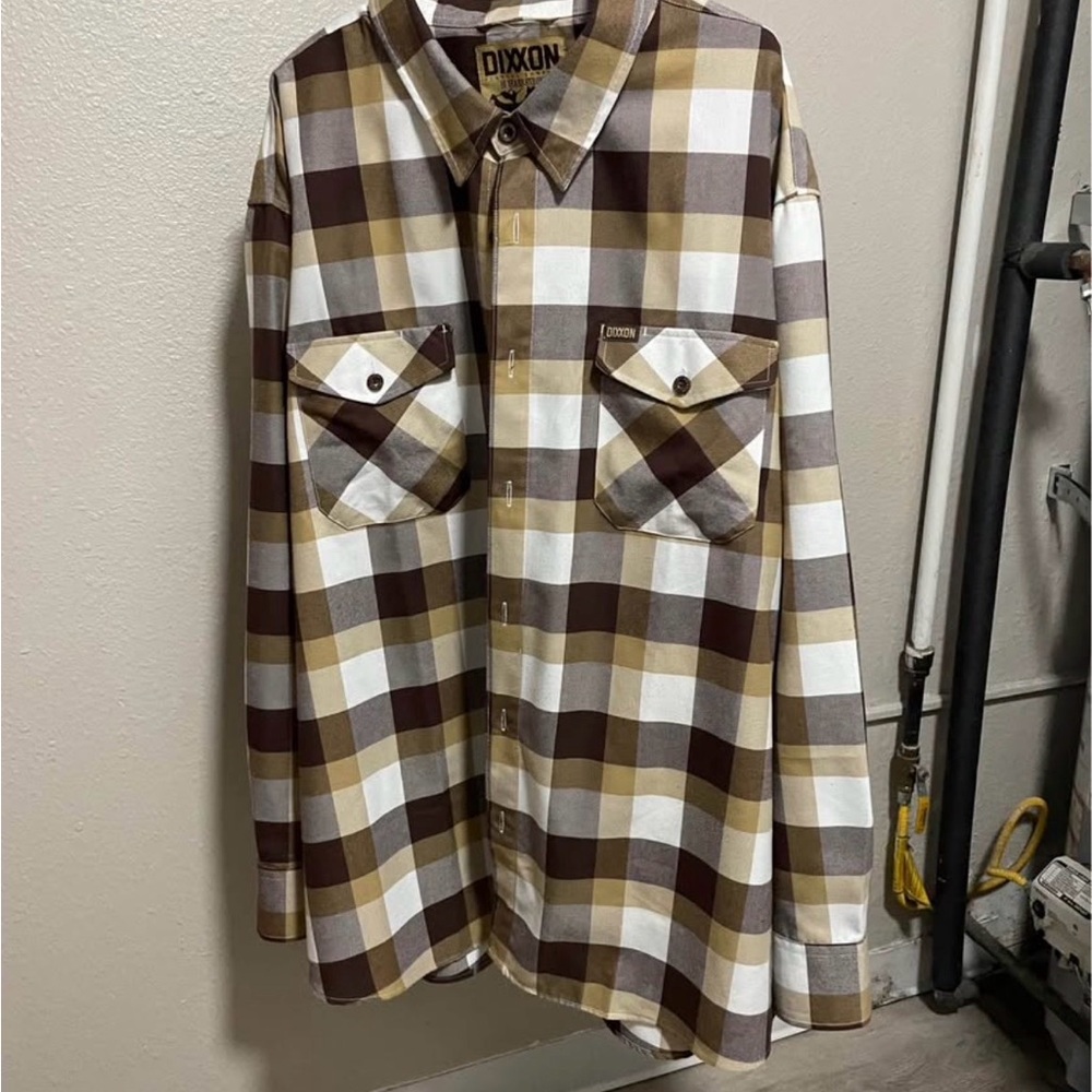 DIXXON Brown and White Plaid Casual Button Down Shirt